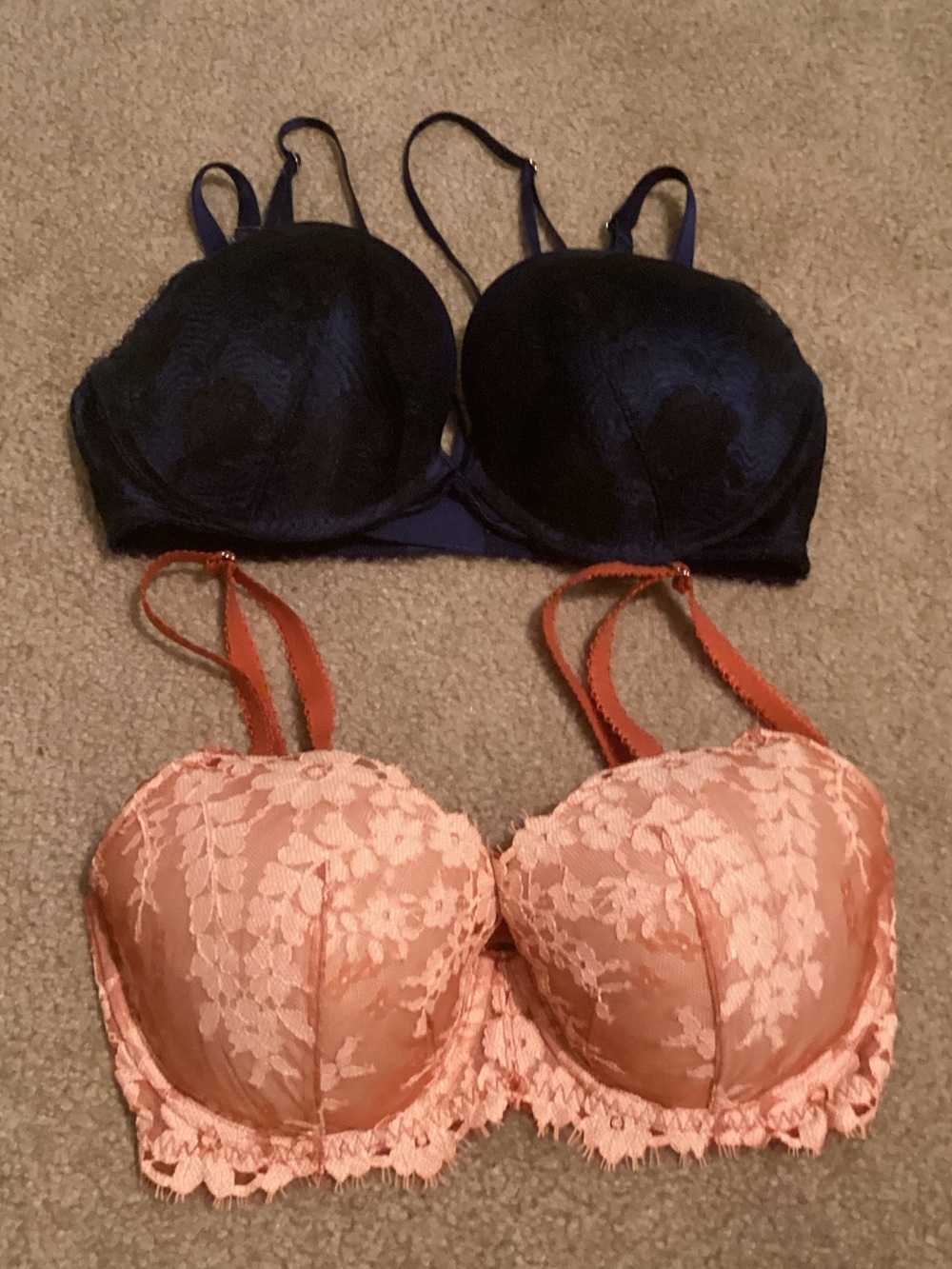 Victoria's Secret Lace Push-Up Bra Set - Navy and Peach